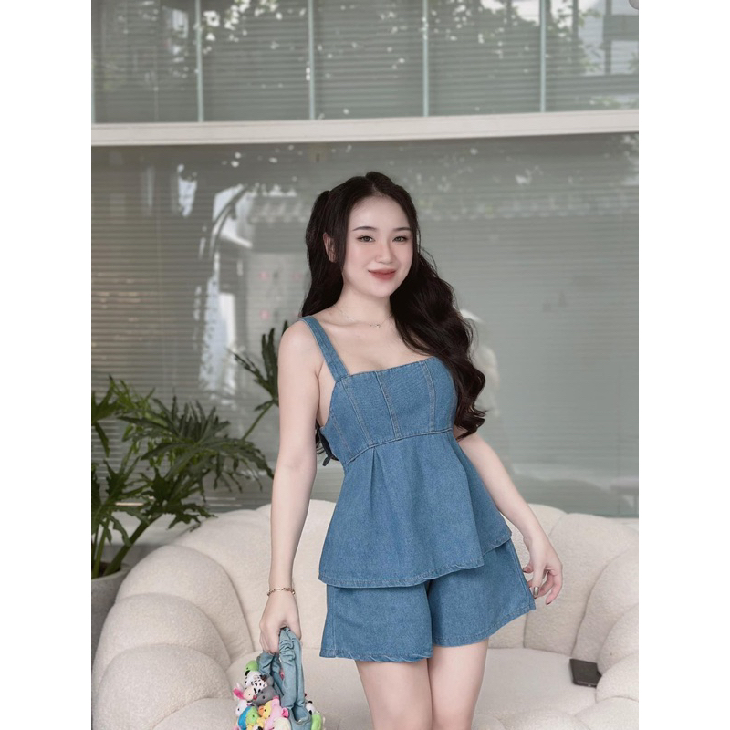 Sét Jean Áo Hai Dây Quần Sooc Đùi Nữ Phong Cách Sexy Năng Động