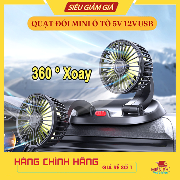 Quạt ô tô đôi mini 5v, 12v, 24v đầu tẩu, usb xoay 360 cho xe tải, xe con