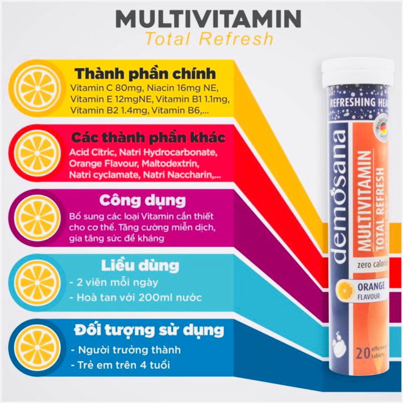 Viên sủi Vitamin tổng hợp vị cam tươi - nhập khẩu CHLB Đức - tuýp 20 viên