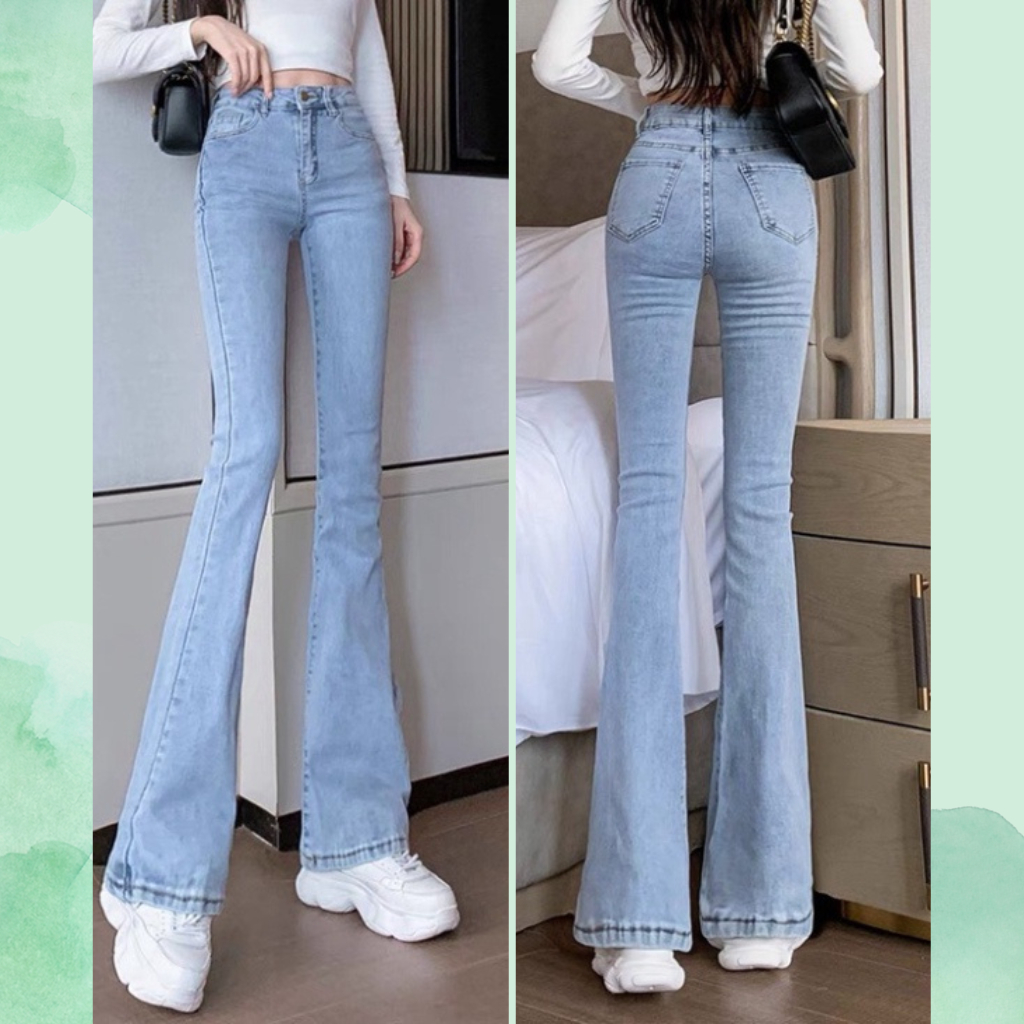 Quần bò nữ co dãn lưng cao, quần jean nữ ống loe siêu hách dáng hot trend