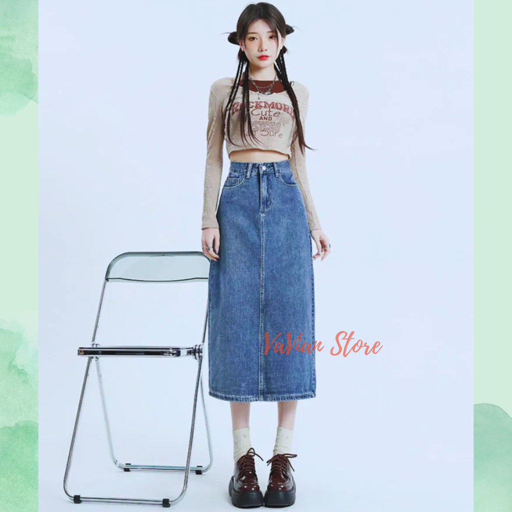 Chân Váy Jean xẻ tà sau,chân váy bò dáng dài cạp cao thời trang | BigBuy360 - bigbuy360.vn