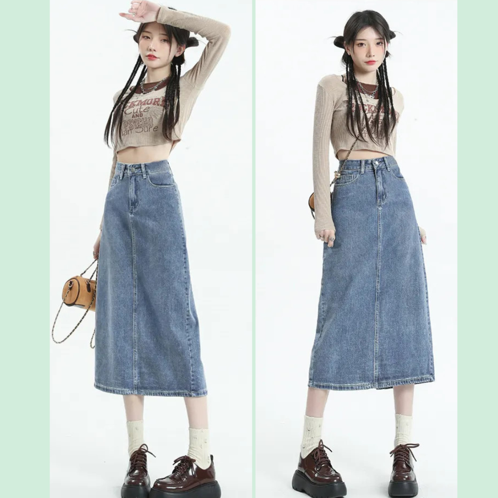 Chân Váy Jean xẻ tà sau,chân váy bò dáng dài cạp cao thời trang | BigBuy360 - bigbuy360.vn