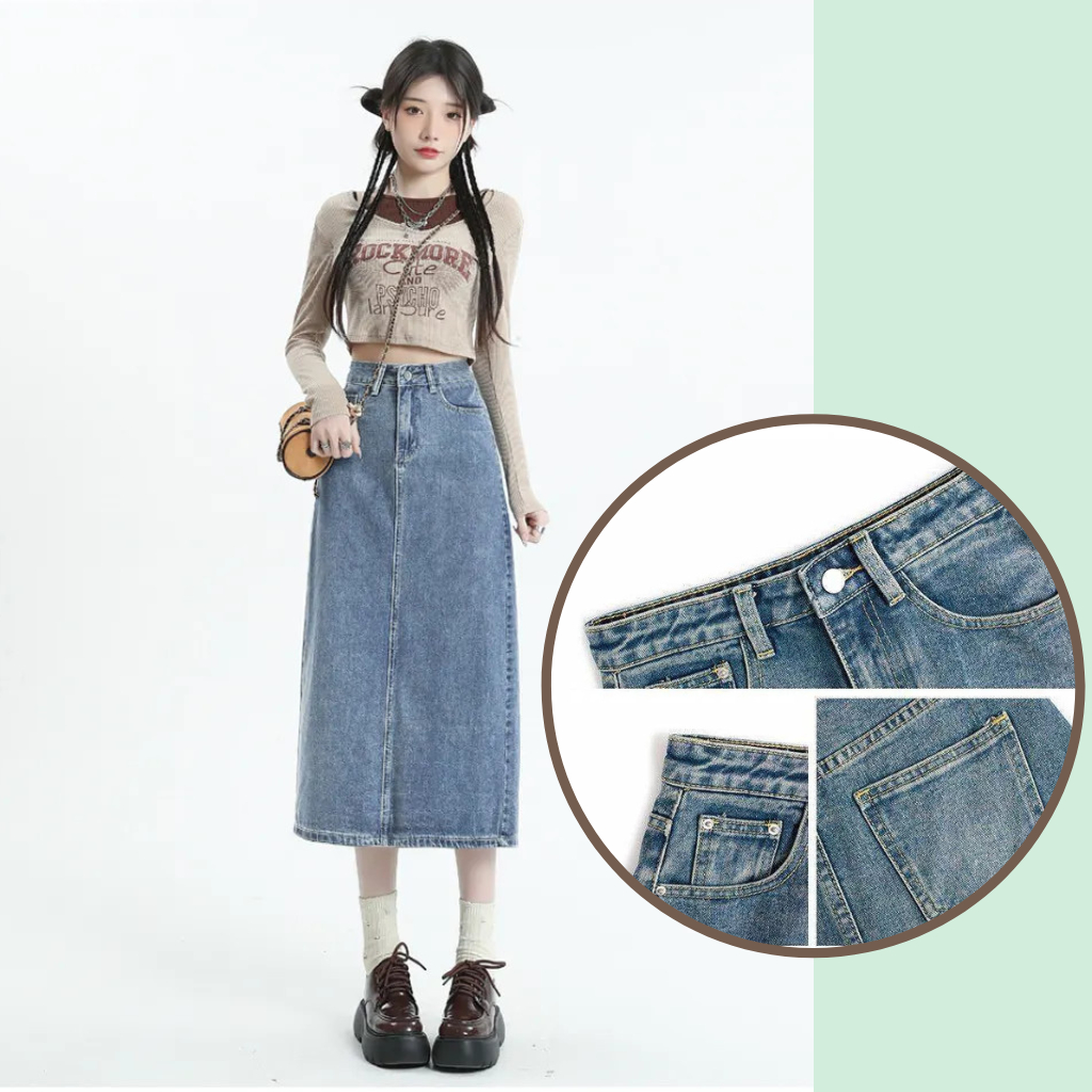 Chân Váy Jean xẻ tà sau,chân váy bò dáng dài cạp cao thời trang | BigBuy360 - bigbuy360.vn