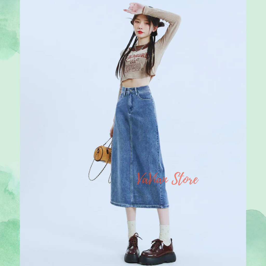 Chân Váy Jean xẻ tà sau,chân váy bò dáng dài cạp cao thời trang | BigBuy360 - bigbuy360.vn