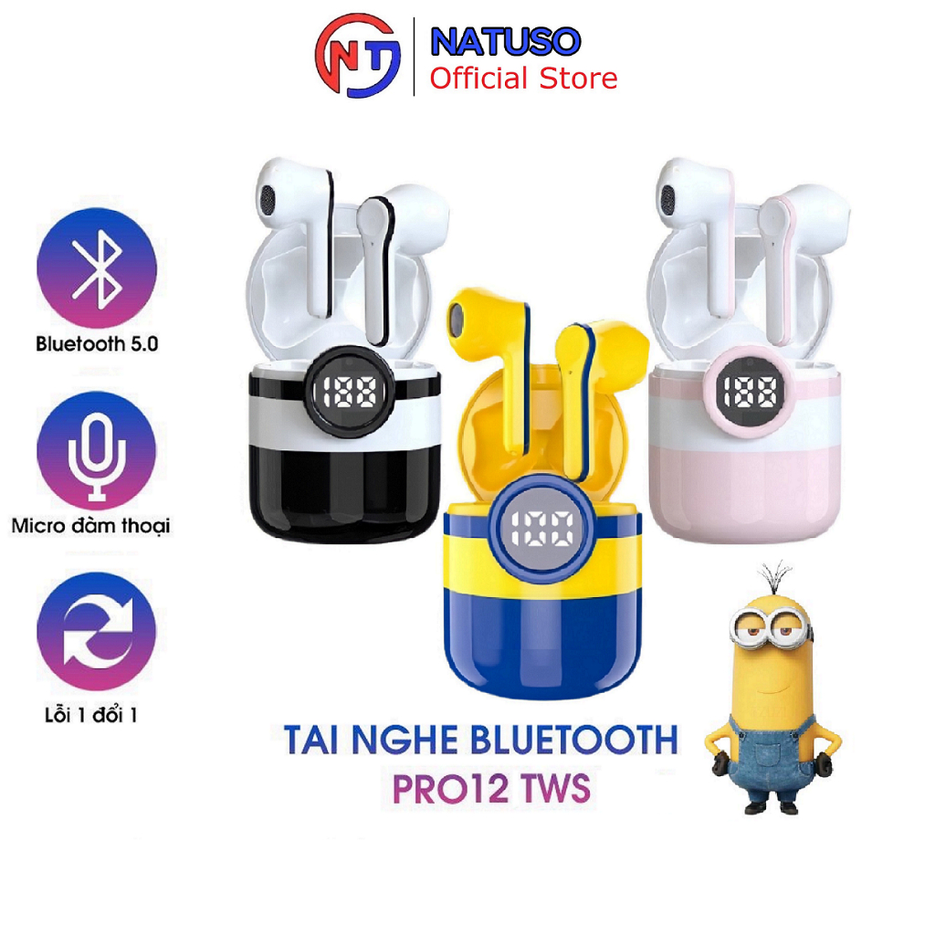 Tai nghe không dây nhét tai bluetooth cảm ứng Natuso Pro12 TWS 5.0 hình minion cute âm thanh chất lượng