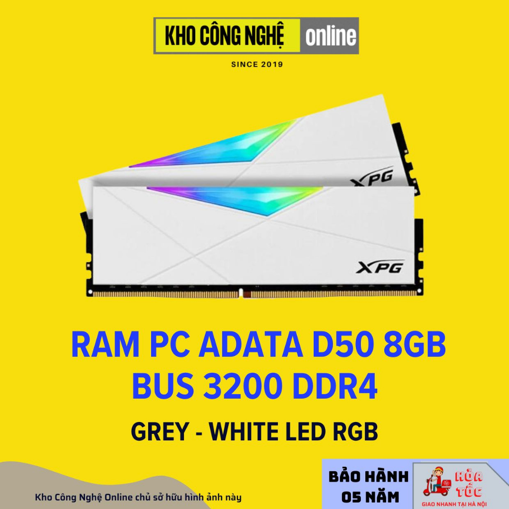 Ram Adata D50 DDR4 XPG SPECTRIX RGB 8GB Bus 3200MHz WHITE/GREY - Hàng Chính Hãng