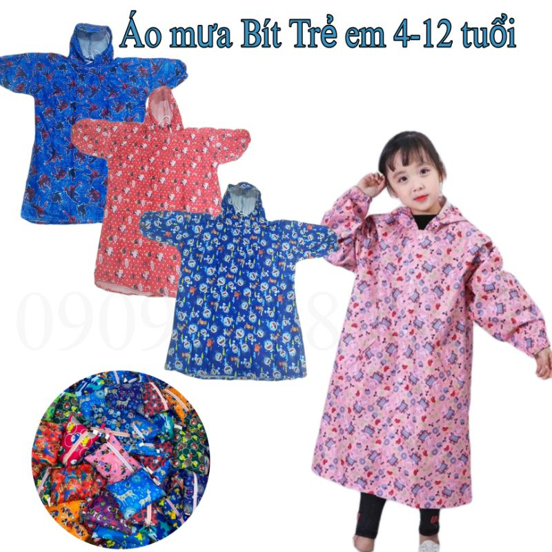 Áo Mưa Bít Cho Trẻ Em Họa Tiết Hình Thú, Vải Dù Chống Thấm Cao Cấp