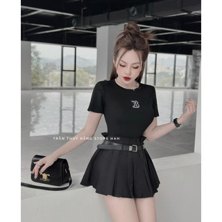 Set áo thun zip chữ b mix chân váy xếp ly kèm đai chất đẹp