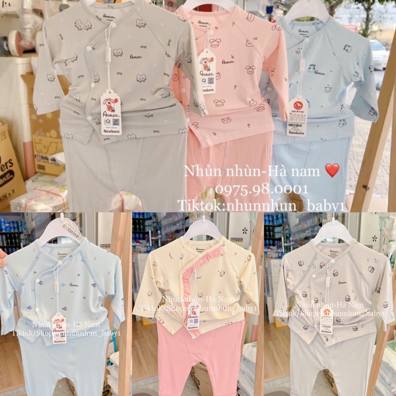(Nhùn nhùn)Bộ Avaler sơ sinh dài tay chất sợi tre size 0-3 đến 3-6m