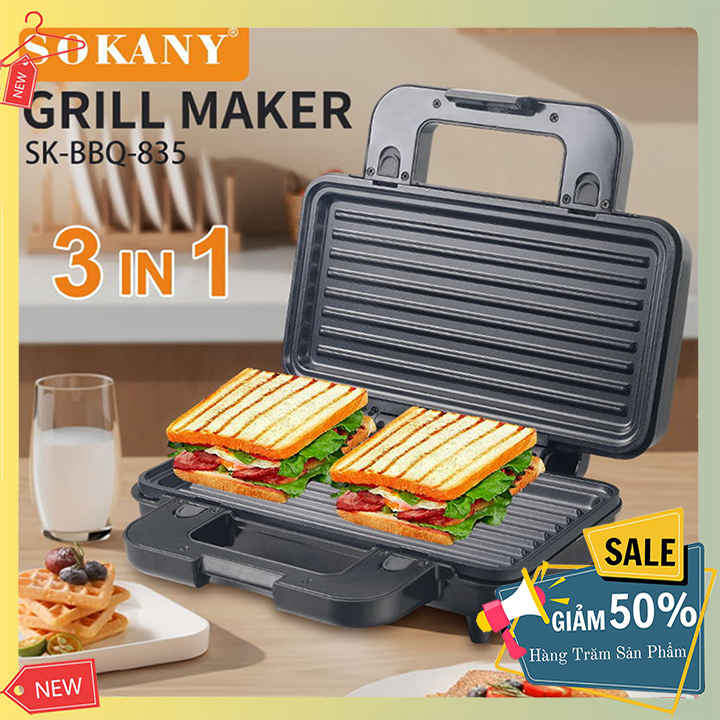 Máy nướng bánh mỳ, làm bánh waffle tàn ong vuông Sokany 3 khuôn