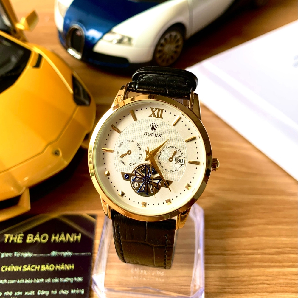 Đồng hồ nam Rolex dây da, biểu tượng kim rốn, có lịch ngày, chống nước 3 ATM - Ben Watch PRO02