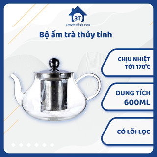 Bộ ấm chén uống trà thủy tinh có lưới lọc inox - 3T - Chuyên đồ gia dụng