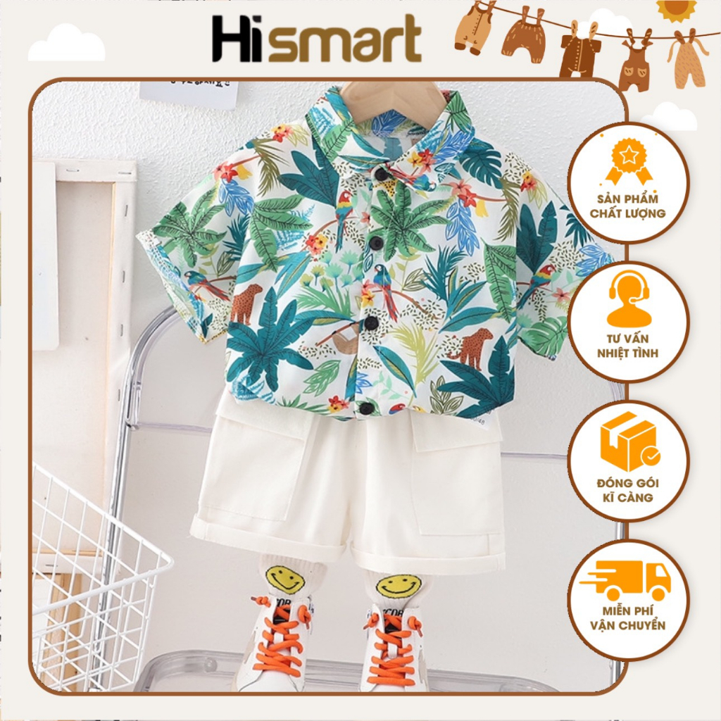 Set bộ áo sơ mi đi biển họa tiết rừng cây mùa hè cho bé trai