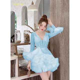Đầm  dự tiệc màu xanh da trời tay dài TRIPBLE T DRESS kết cườm hạt siêu xinh nhún bèo - size S/M/L - MS473V