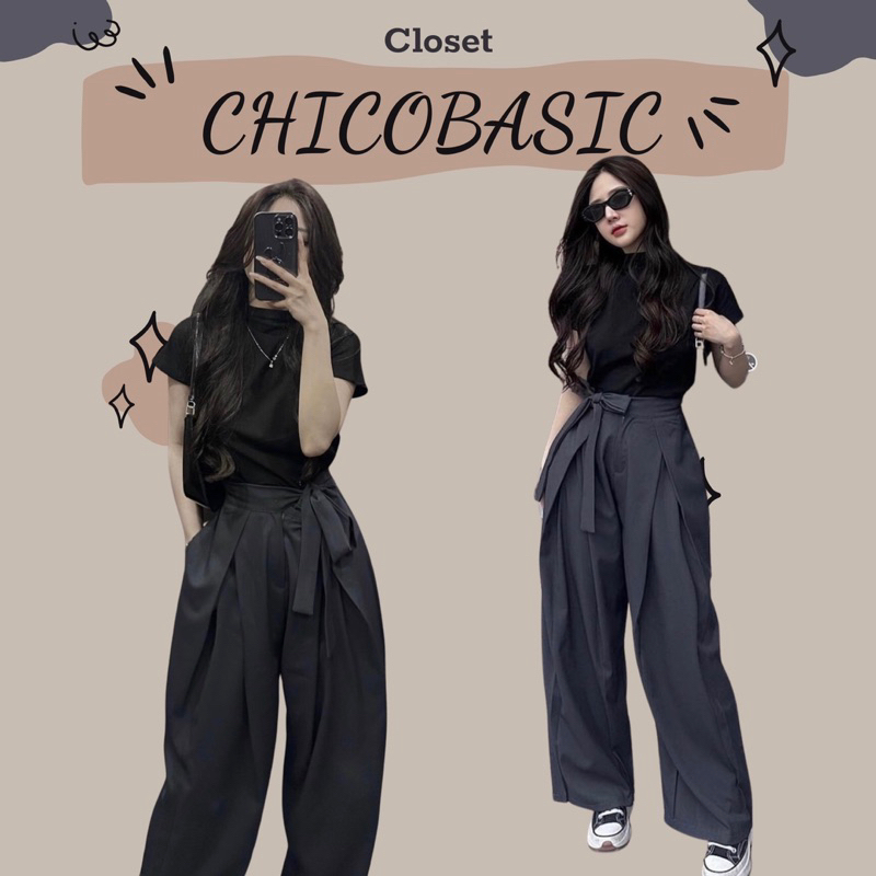 Set Áo Thun Zip Cộc Tay Hến Cổ Màu Đen Kèm Quần Suông Màu Ghi Ống Rộng Nơ Buộc Phong Cách Trẻ Trung , Nữ Tính