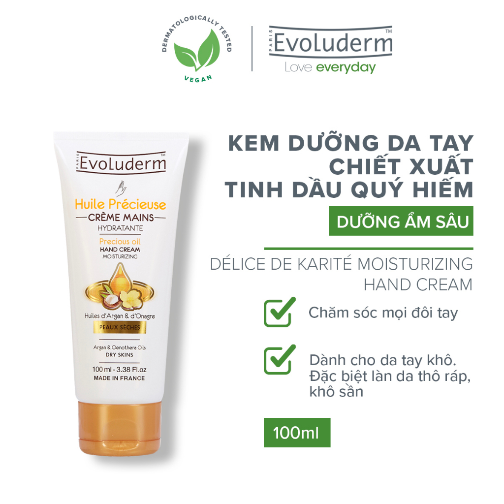 Kem dưỡng da tay Evoluderm dưỡng ẩm nuôi dưỡng chiết xuất tinh dầu Argan và Hoa Anh Thảo - 100ml