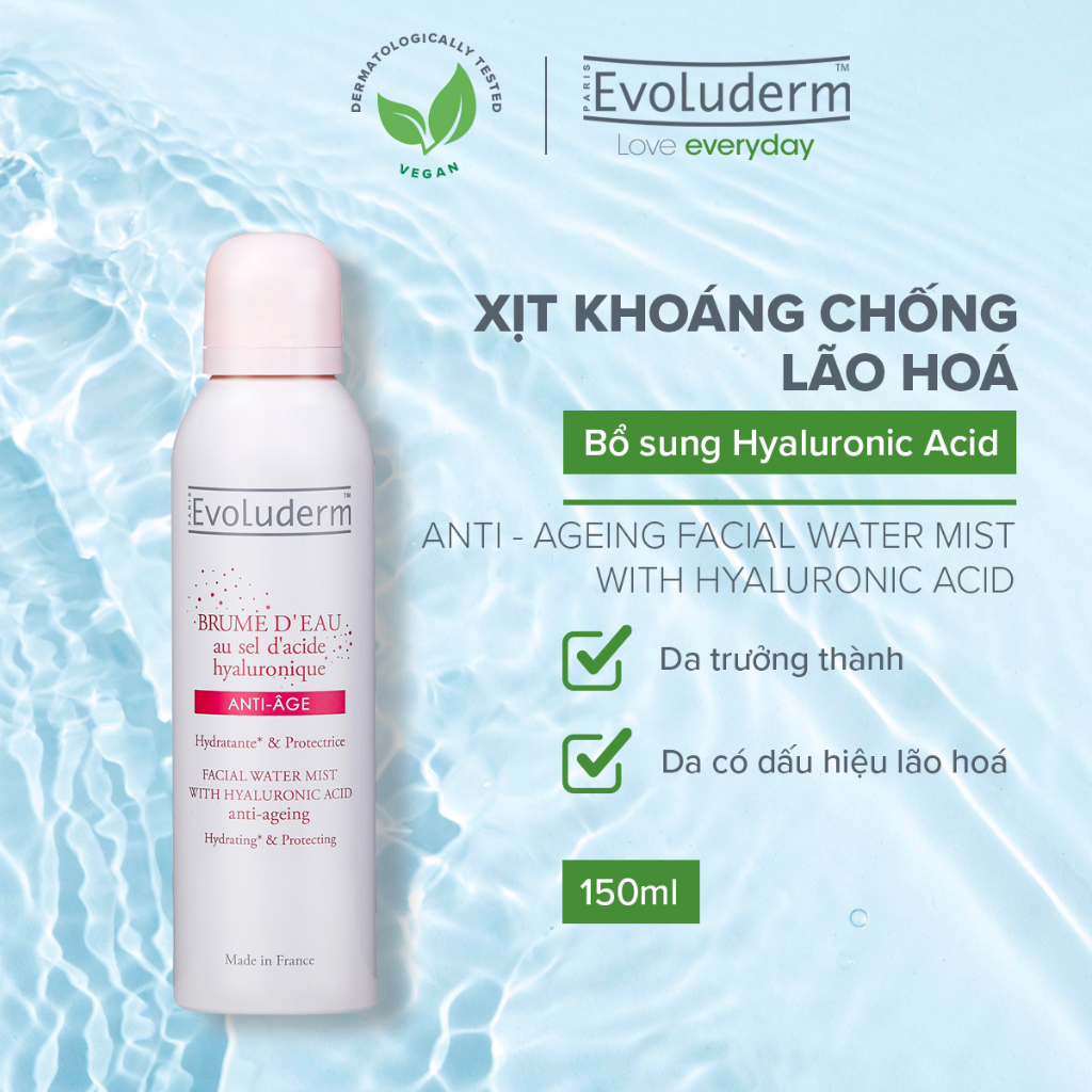 Xịt khoáng Evoluderm giúp ngăn ngừa lão hóa dưỡng ẩm và bảo vệ da tinh chất Hyaluronic Acid Salt 150ml-16275