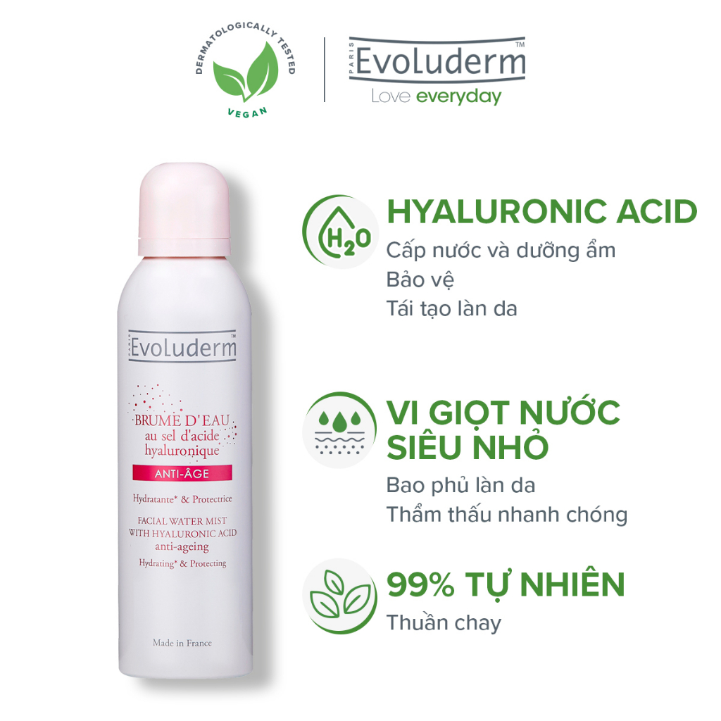 Xịt khoáng Evoluderm giúp ngăn ngừa lão hóa dưỡng ẩm và bảo vệ da tinh chất Hyaluronic Acid Salt 150ml-16275