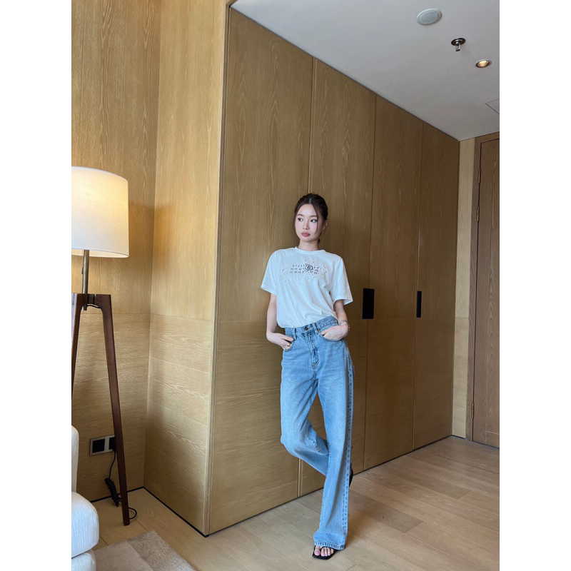 Quần jeans nữ ống rộng màu xanh trơn YSL Saint Laurent cao cấp 2023