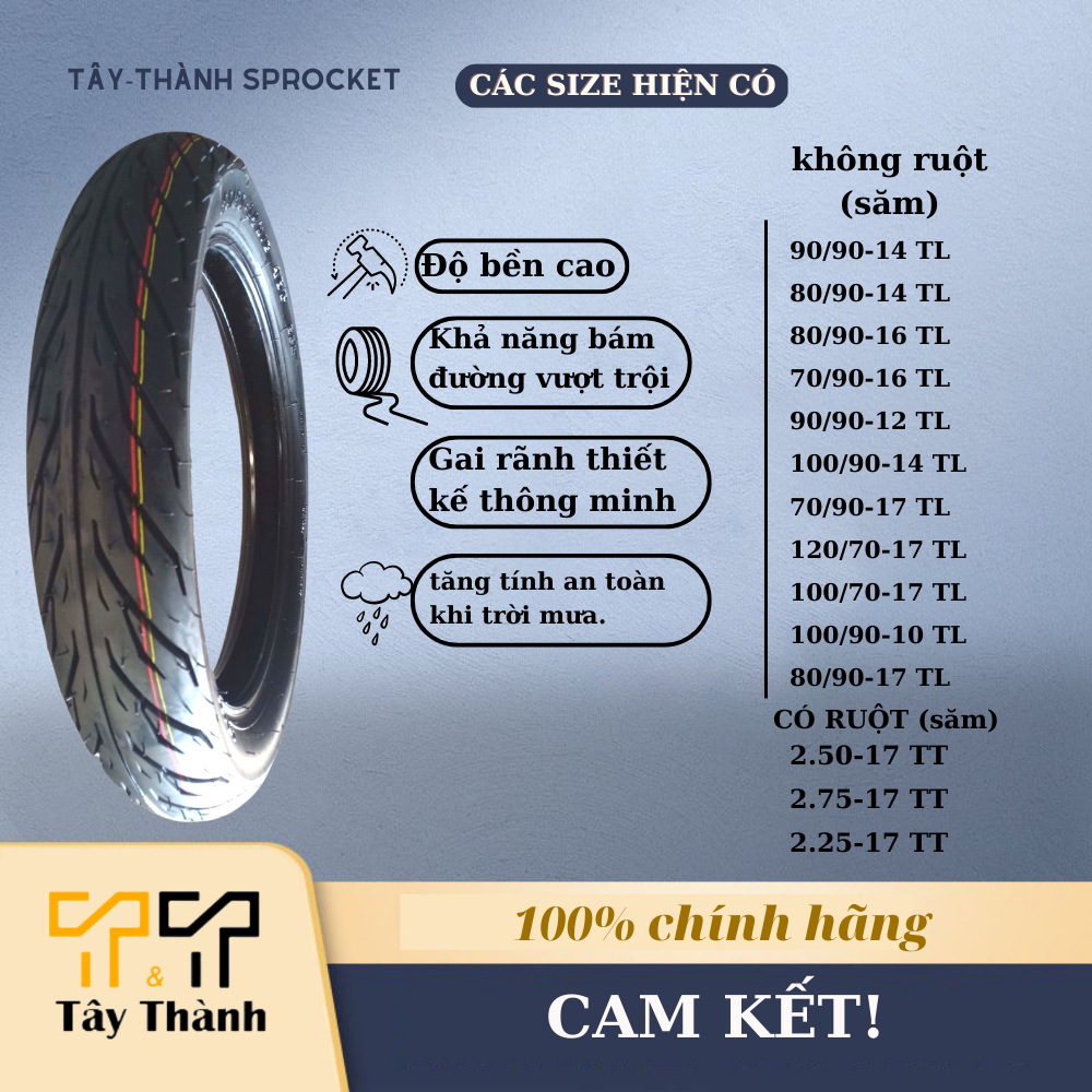 Lốp xe máy hàng nhập khẩu có đầy đủ thông số. Shop Tây Thành chuyên vỏ xe máy, nhông sên dĩa