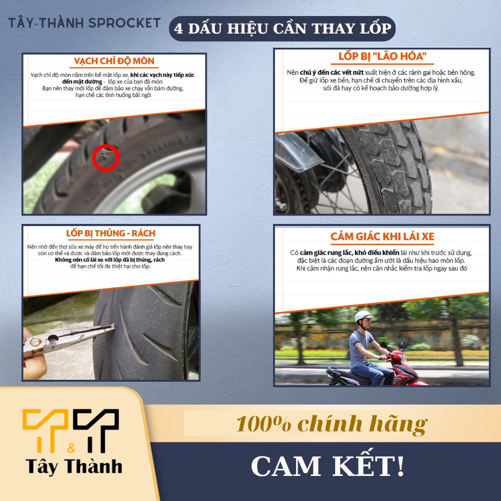 Lốp xe máy hàng nhập khẩu có đầy đủ thông số. Shop Tây Thành chuyên vỏ xe máy, nhông sên dĩa