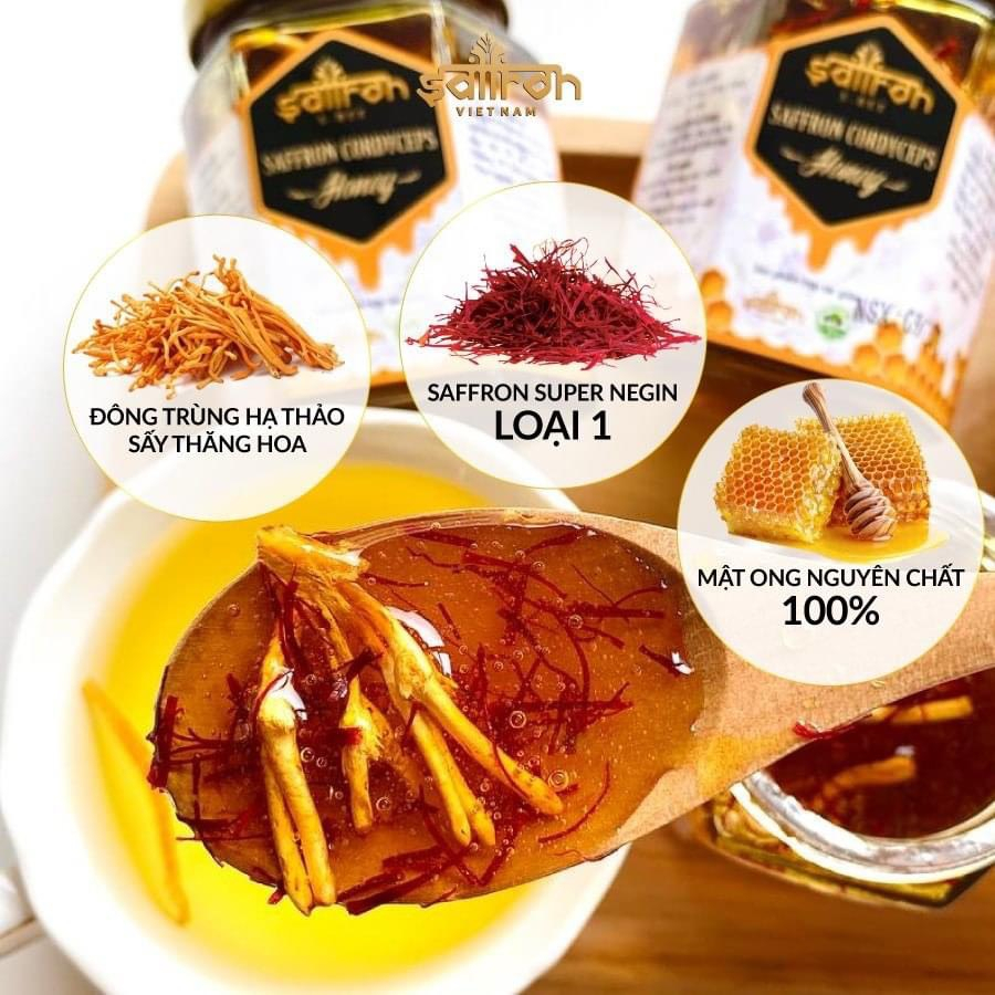 Set quà tặng Saffron Việt Nam gồm mât ong saffron ngâm với đông trùng hạ thảo + ly 450ml + lây mât+ tui