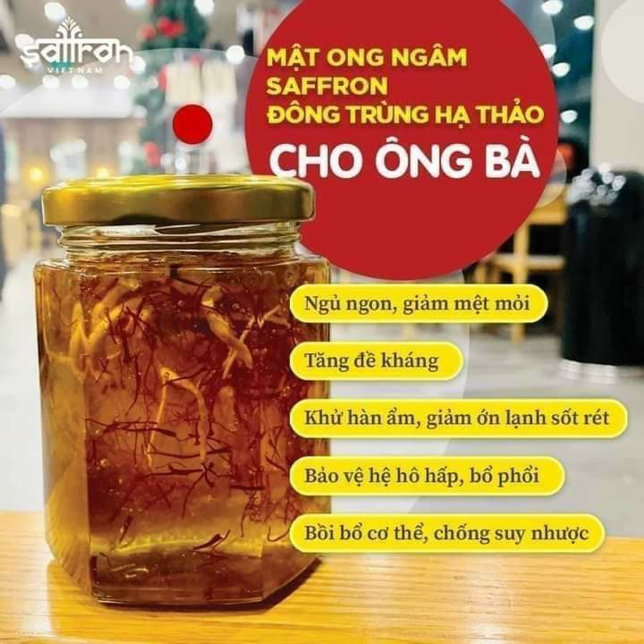 Set quà tặng Saffron Việt Nam gồm mât ong saffron ngâm với đông trùng hạ thảo + ly 450ml + lây mât+ tui
