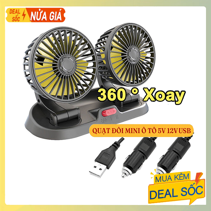 Quạt đôi mini xoay dùng trên ô tô USB 12V/24V 5.5 Inch Bàn Làm Việc