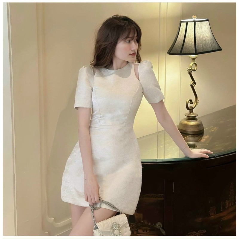 Đầm trắng đen khoét vai đính đá hoa