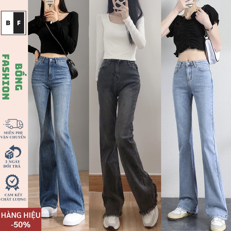 Quần Jeans nữ ống loe co giãn,quần bò jeans nữ ống đứng rộng suông CẠP CAO cao cấp Hottrend 2023 BONGSTORE T023