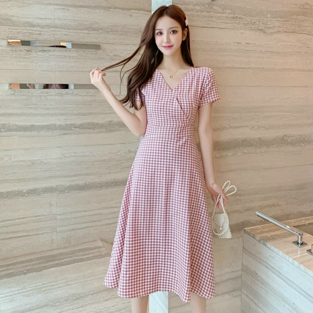 Đầm váy freesize caro hồng cổ V form dài