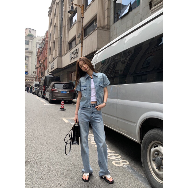Set đồ nữ áo khoác denim ngắn tay+quần jeans thời trang cao cấp 2023