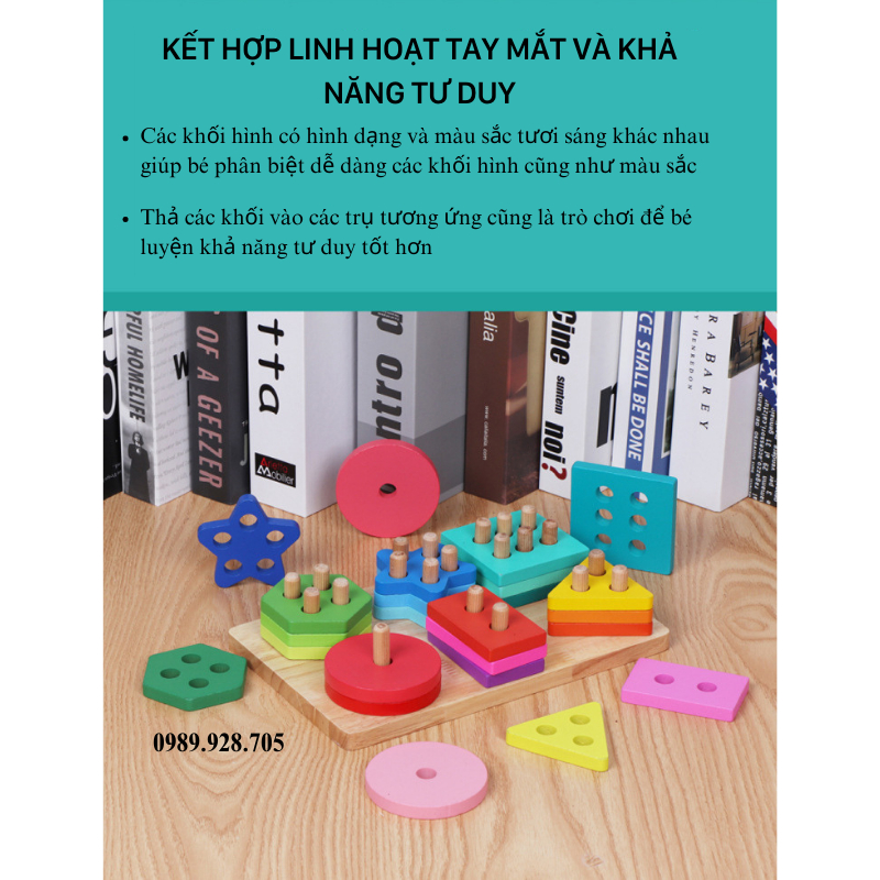 Đồ Chơi Gỗ Montessori Bộ Thả Hình Khối 6 Cọc Trụ Bằng Gỗ Đồ Chơi Trí Tuệ Giúp Con Nhận Biết Màu Sắc, Hình Khối