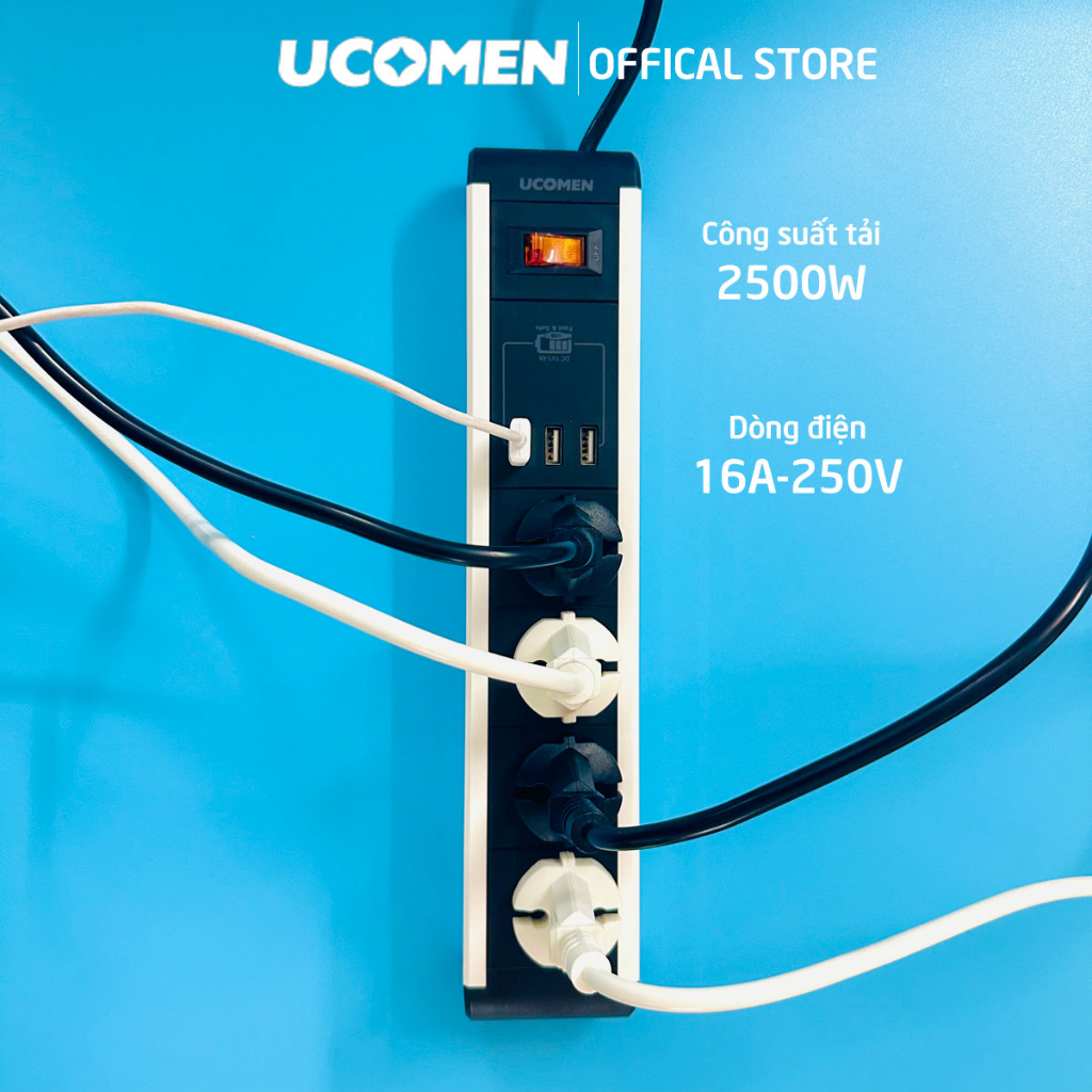 Ổ cắm điện an toàn Ucomen 4 lỗ cắm 03 cổng sạc USB chống quá tải 2500W