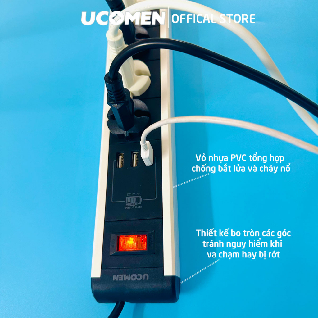 Ổ cắm điện an toàn Ucomen 4 lỗ cắm 03 cổng sạc USB chống quá tải 2500W