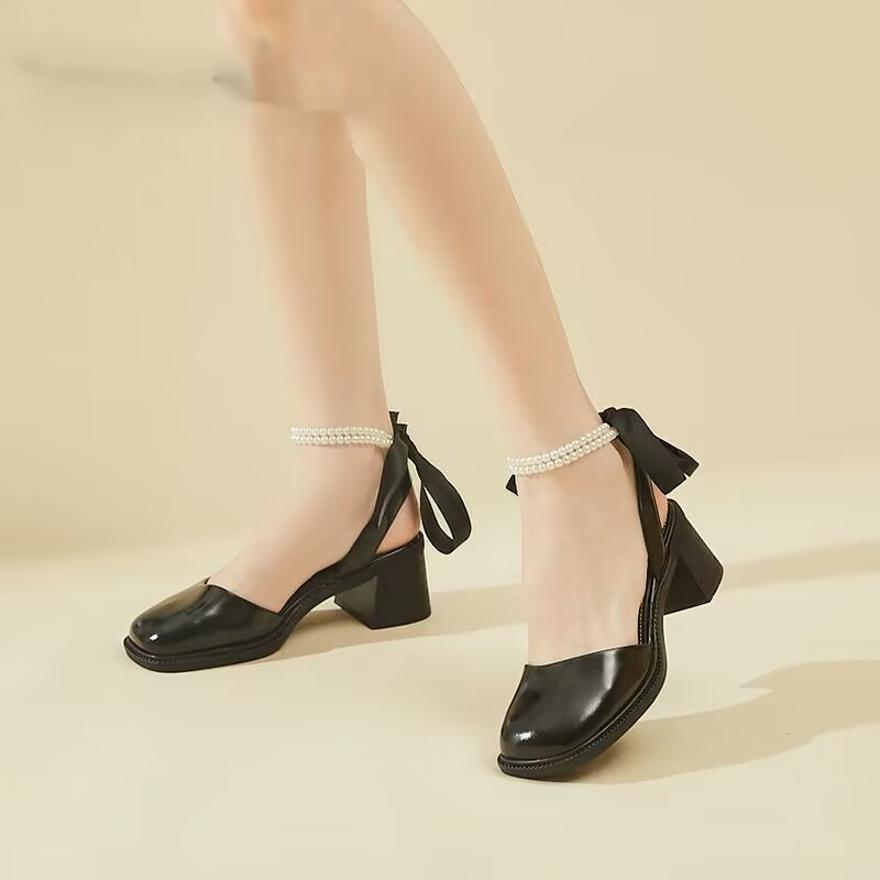 Giày nữ lolita nơ cao gót thời trang với ngọc trai