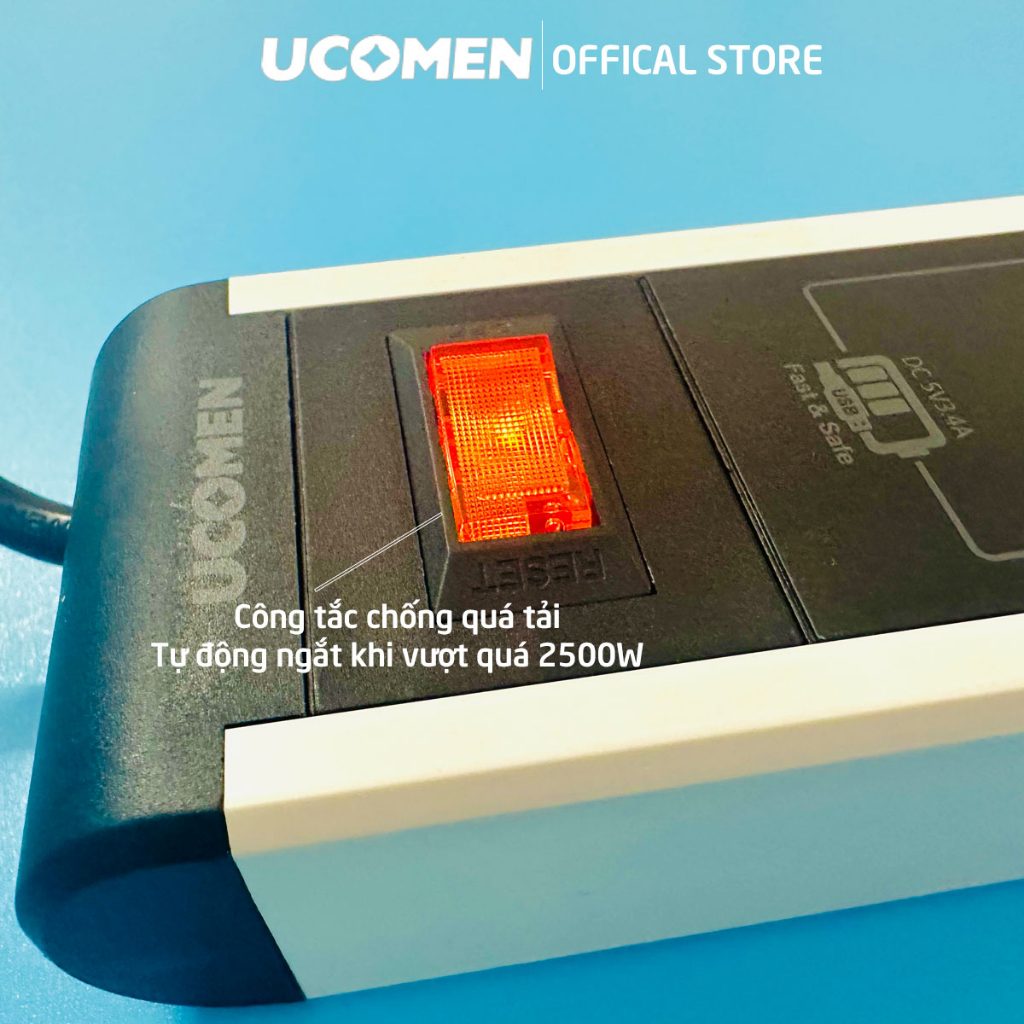 Ổ cắm điện an toàn Ucomen 4 lỗ cắm 03 cổng sạc USB chống quá tải 2500W