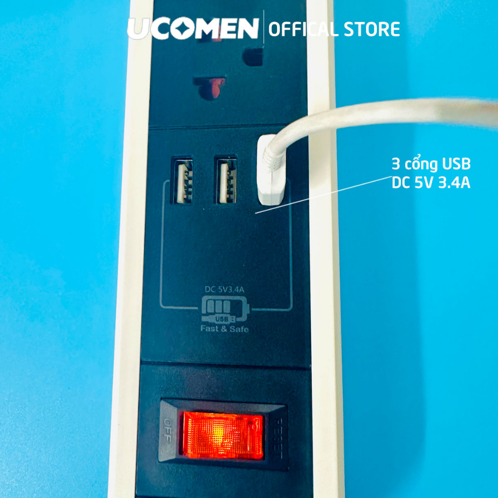 Ổ cắm điện an toàn Ucomen 4 lỗ cắm 03 cổng sạc USB chống quá tải 2500W