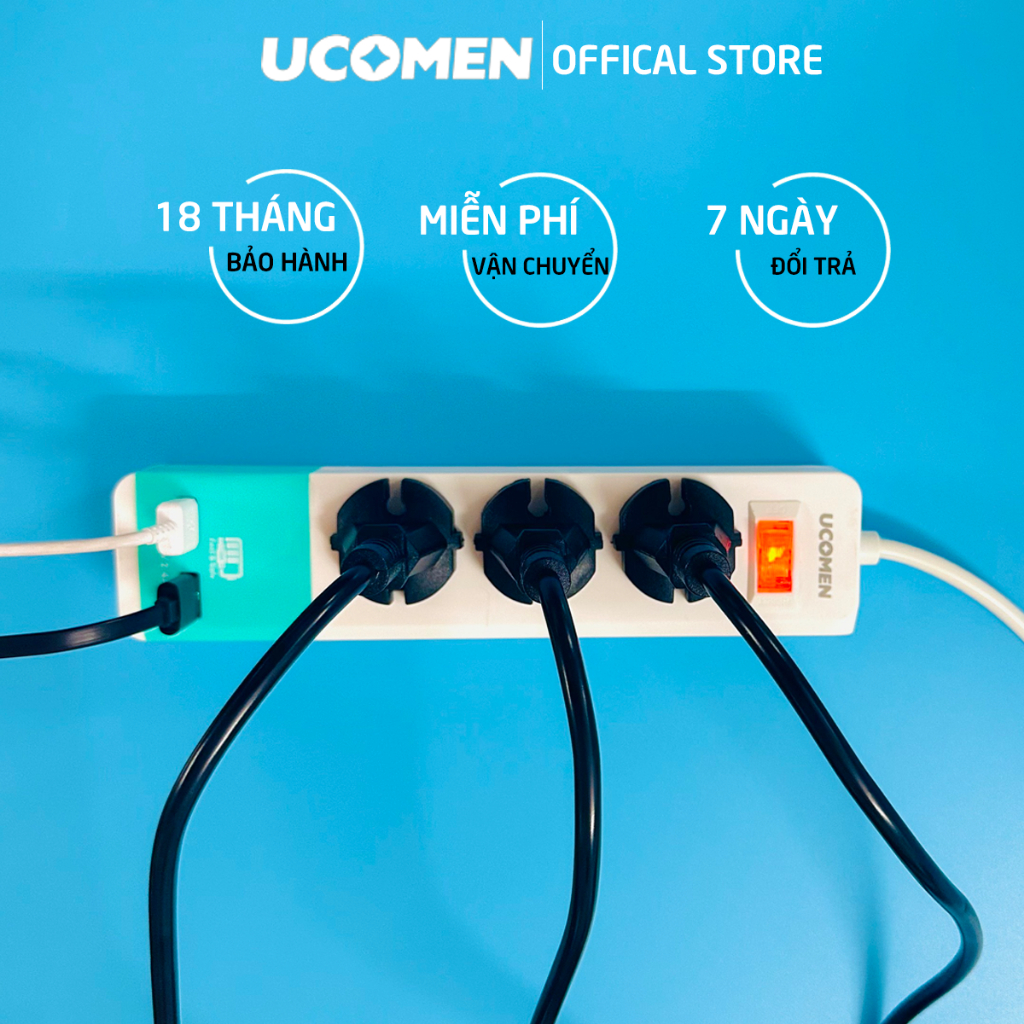 Ổ cắm điện an toàn Ucomen 3 chấu 2 USB có nắp che chống giật