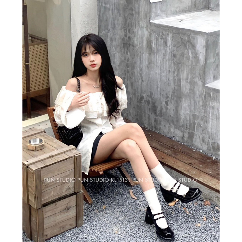 Set Áo Bèo Thô Trễ Vai Tay Dài Mix Chân Váy Chữ A Kèm Ảnh Thật