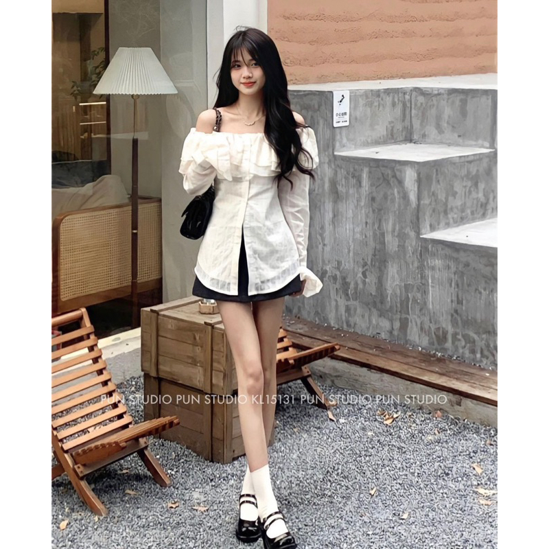 Set Áo Bèo Thô Trễ Vai Tay Dài Mix Chân Váy Chữ A Kèm Ảnh Thật