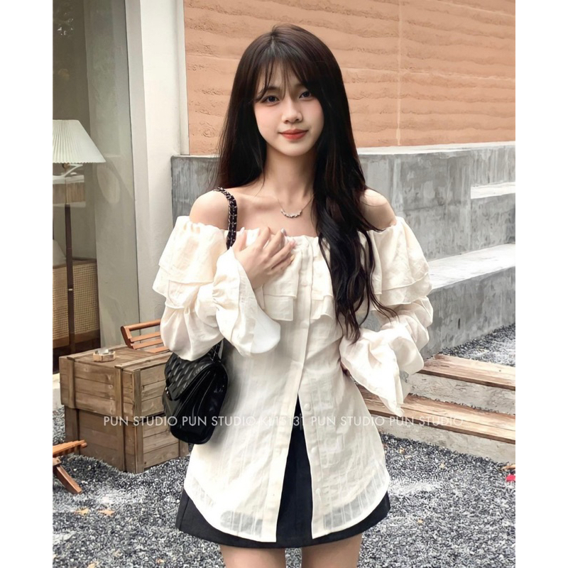 Set Áo Bèo Thô Trễ Vai Tay Dài Mix Chân Váy Chữ A Kèm Ảnh Thật