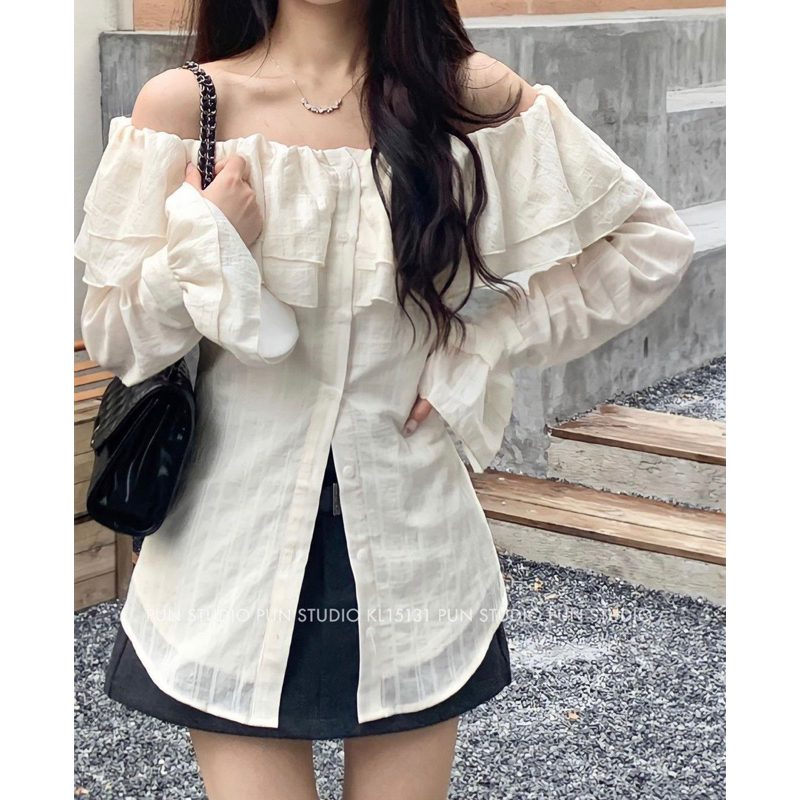 Set Áo Bèo Thô Trễ Vai Tay Dài Mix Chân Váy Chữ A Kèm Ảnh Thật