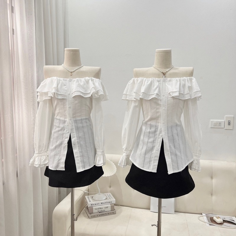 Set Áo Bèo Thô Trễ Vai Tay Dài Mix Chân Váy Chữ A Kèm Ảnh Thật