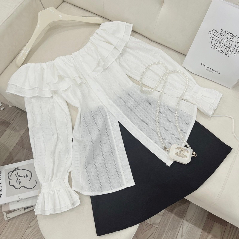 Set Áo Bèo Thô Trễ Vai Tay Dài Mix Chân Váy Chữ A Kèm Ảnh Thật