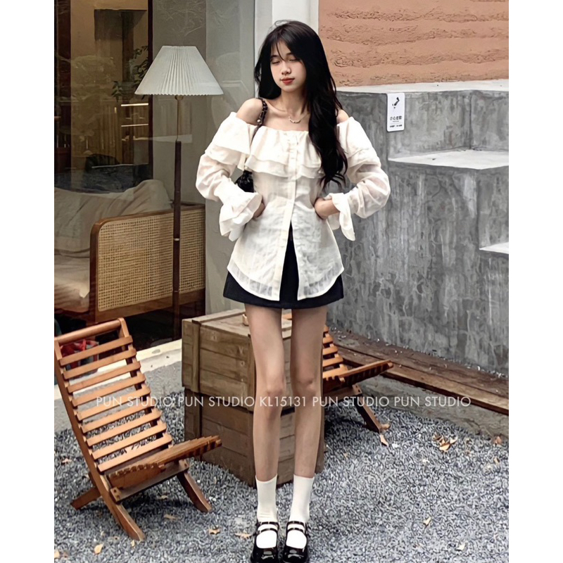 Set Áo Bèo Thô Trễ Vai Tay Dài Mix Chân Váy Chữ A Kèm Ảnh Thật