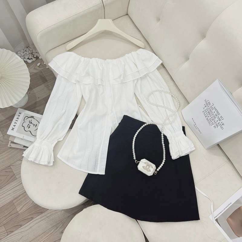 Set Áo Bèo Thô Trễ Vai Tay Dài Mix Chân Váy Chữ A Kèm Ảnh Thật