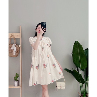 VÁY SUÔNG CỔ TRÒN HOA TAY NGẮN 0VS.01419