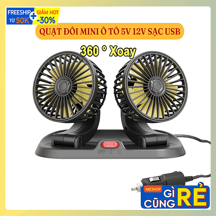 Quạt ô tô đôi nguồn usb 5v, 12v/24v, xoay 360 độ, quạt để bàn làm việc có bảng số điện thoại ô tô