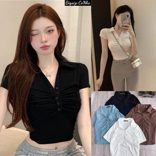 Áo thun cổ trụ nhún ngực nút kiểu bigsize nữ tay ngắn dáng croptop chất gân tăm co giãn phom rộng 60-92kg G106